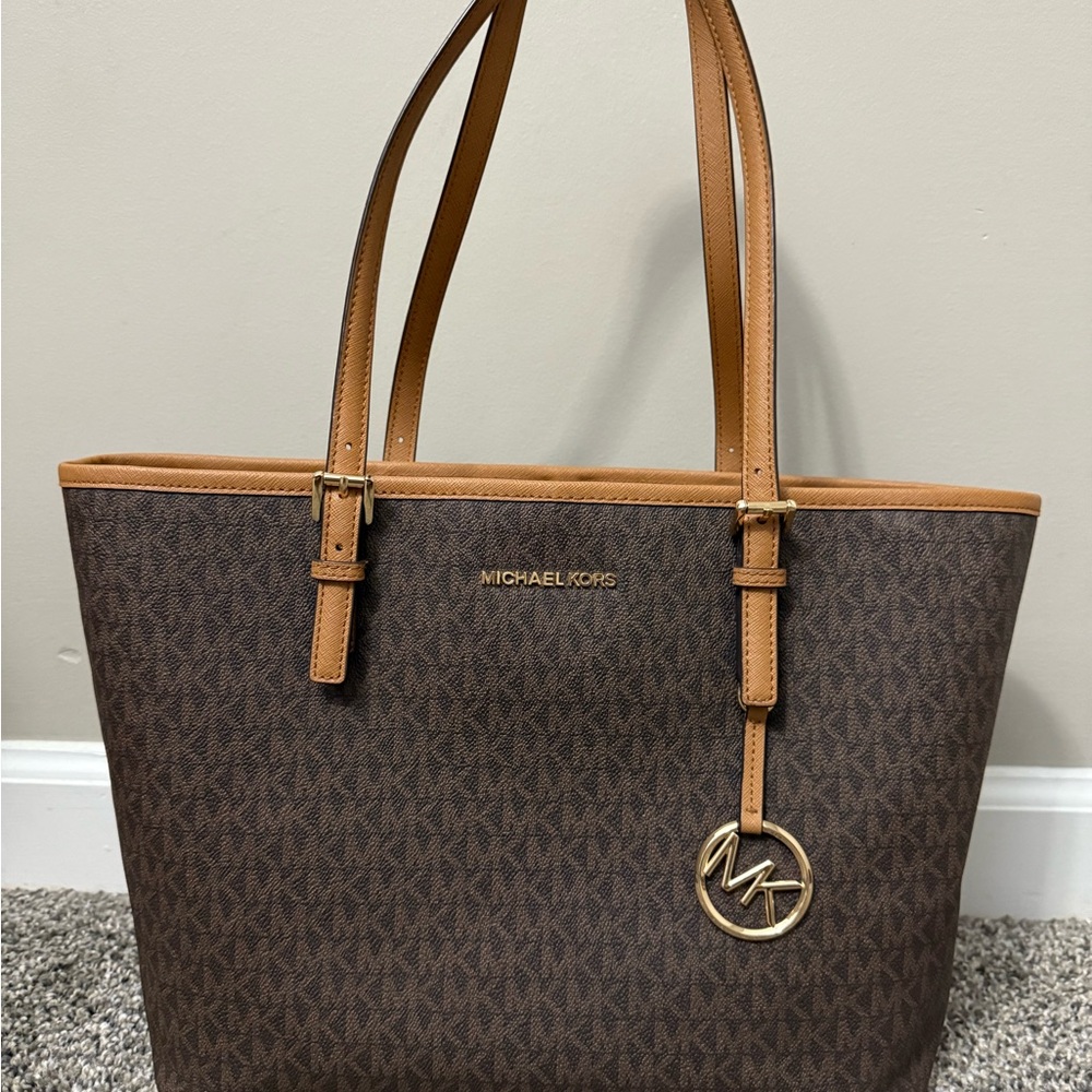Michael Kors Brown Monogram Tote with Tan Leather Accents